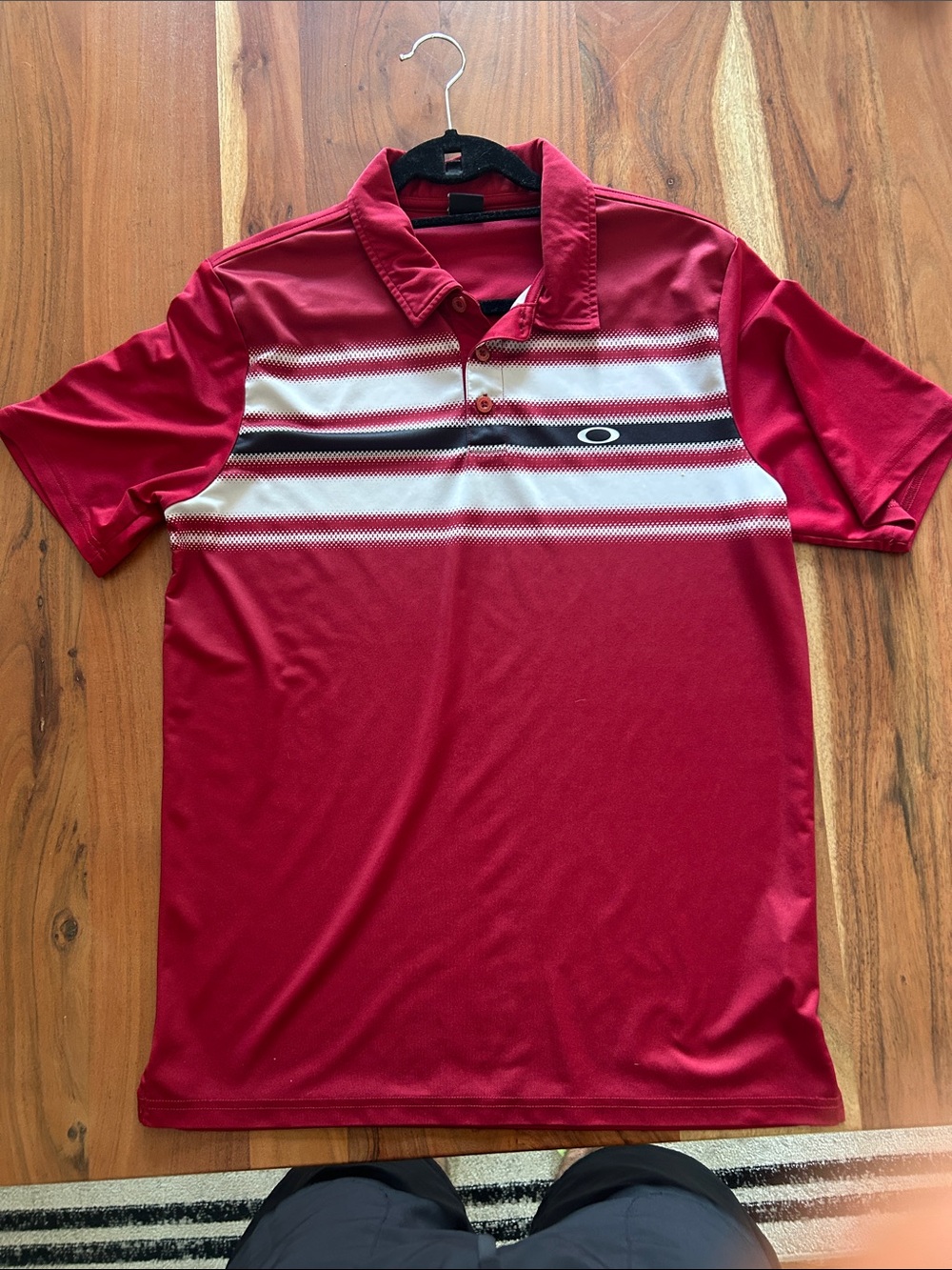 Oakley Men’s Red Polo with White and Black Chest Stripes